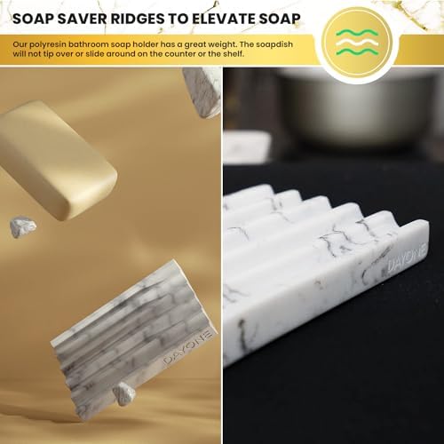 DAY1 Marble Soap Dish Tray – Bathroom Sink Soap Holder, Vanity Tray, Brush Organizer, Decorative Resin Dish for Kitchen,
