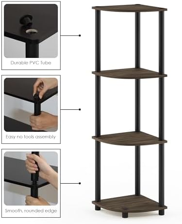 Furinno TURN-N-TUBE Corner Shelf, 4-Tier Corner Bookshelf, Display Storage Shelves with Open Shelves, for Organization a