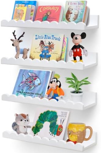 Scalloped Shelves - Set of 4 Pre-Assembled 15.6inch White Floating Nursery Book Shelves, Scalloped Book Shelf for Kids R