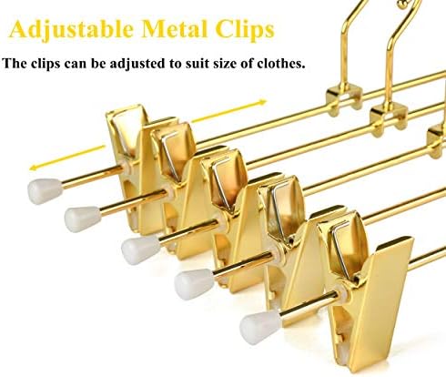 Amber Home 20 Pack Shiny Gold 12 Inch Metal Pants Skirts Hanger, Sturdy for Slacks Trousers with 2 Adjustable Non Slip Clips and Swivel Hook (20 Pack)