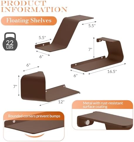 Sttoraboks Floating Wall Shelves Set of 3, Metal Mounted Shelf with Unique Design, Bookshelf for Storage & Display in Ba