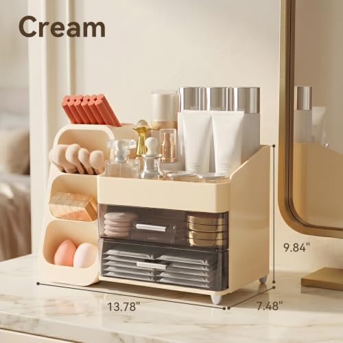 Makeup Organizer for Vanity with Brush Holder and 2 Drawers, Cream