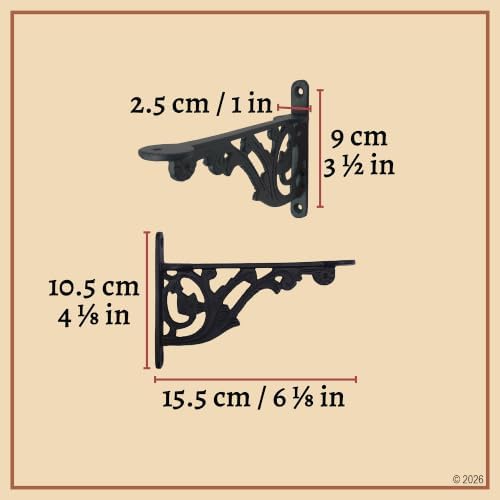 Mystic Colonial Cast Iron Shelf Brackets 10.5 cm x 15.5 cm (4⅛ in x 6⅛ in) | Victorian Heavy-Duty Decorative Wall Mount 