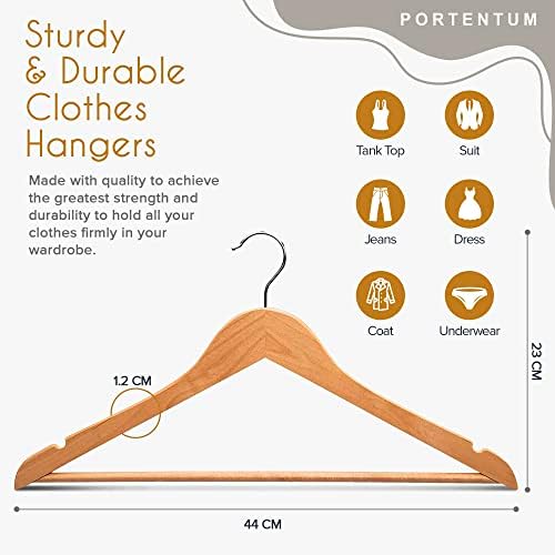 PORTENTUM Wooden Hangers, Pack of 10, Natural Colour. 360º Swivel Hook, All Types of Clothes, Trouser Hangers, Non-Slip 