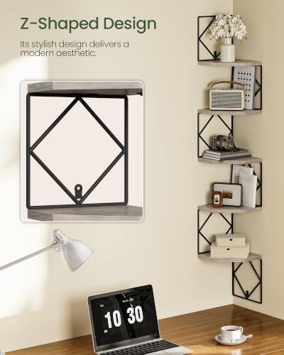 CHOEZON 5-Tier Corner Shelf, Floating Shelf, Wall-Mounted Storage Shelf, Wall Decor, Narrow Corner Bookshelf, for Living