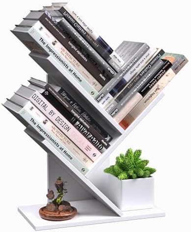 R RUISHENG 3 Tier Small Tree Bookshelf Storage Organizer Shelves Floor Standing Bookcase Desk Wood Storage Rack for Home