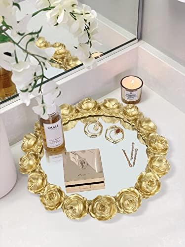 Vixdonos Decorative Round Mirror Tray Bathroom Vanity Tray with Gold Resin Rose for Perfume,Jewelry and Makeup