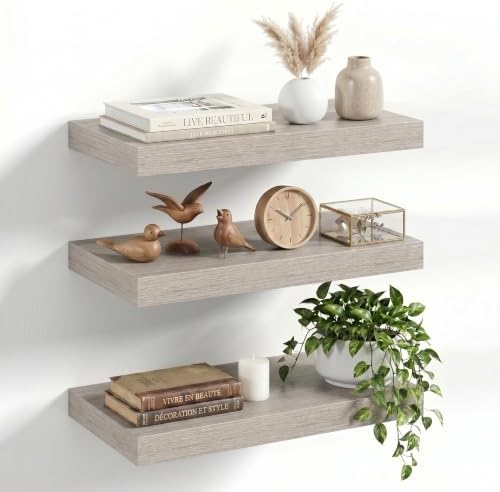 16" Floating Shelves for Wall, Set of 3, 8" Deep, 1.5" Thick, Gray