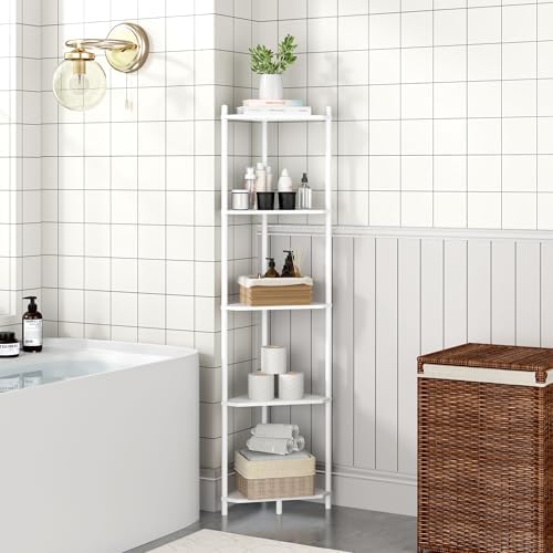 Corner Shelf Stand - 5 Tier Bamboo Small Corner Bookshelf for Office Kitchen Bedroom Plant Stand Living Room Decor Small