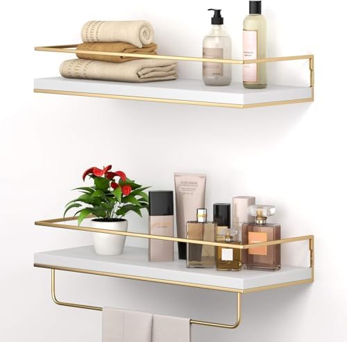 Shario White Floating Shelves - Set of 2, Wall Mounted Hanging Shelves with Golden Towel Rack, Decorative Storage Shelve
