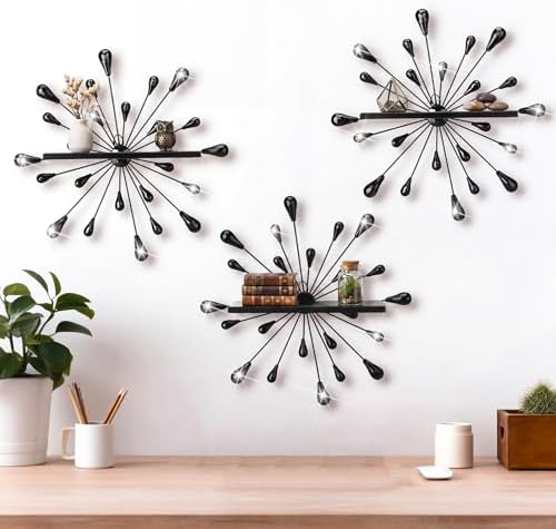 Yaocom 3 Pcs Bling Crystal Floating Shelves Metal Starbursts Wall Decor Folding Shelf Black Corner Shelves Hanging Wall 