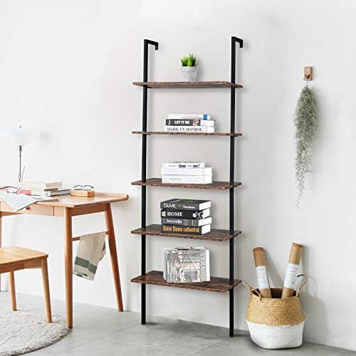 5 Tier Industrial Wall Mounted Bookshelf,Modern Ladder Bookcase Storage Organizer,Open Display Storage Rack,Plant Flower