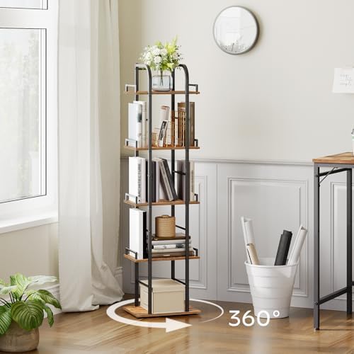 YATINEY 5 Tier Rotating Bookshelf, Freestanding Corner Bookshelf, 360 Spinning Bookcase Tower, Tall Industrial Style Org