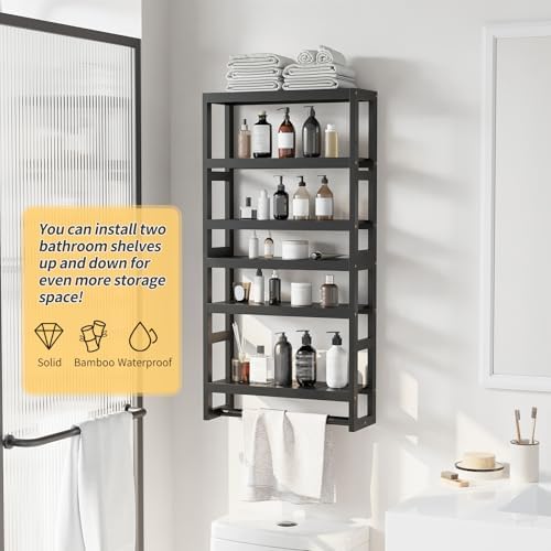 Bathroom Shelves with Hanging Bar Over Toilet Storage - Adjustable Wall Organizer (Black)