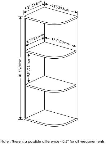 Furinno PASIR Book Shelf, 3-Tier Corner Bookshelf with Open Shelf, Standing Bookcase, 9.3 x 12 x 31.5 for Organization a