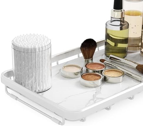 Counter Organizer for Bathroom, Kitchen or Coffee Bar, Metal Shelf with Faux Marble, Vanity Countertop Makeup Storage, D