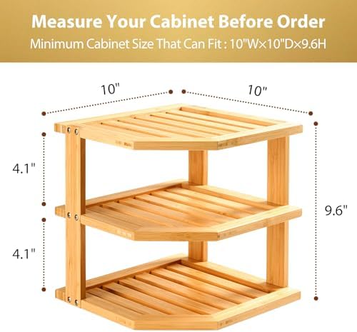 Umilife Plate Organizer for Cabinet, Bamboo Corner Shelf, Dish & Bread Organizer, Spice Rack, Kitchen Bathroom Counterto