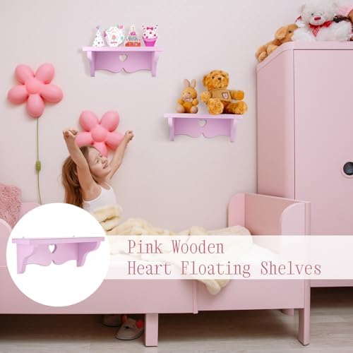 2 PCS Pink Heart Floating Shelves Kawaii Decorative Wooden Shelf Wall Mounted Storage Rack Book Stand for Princess Room 