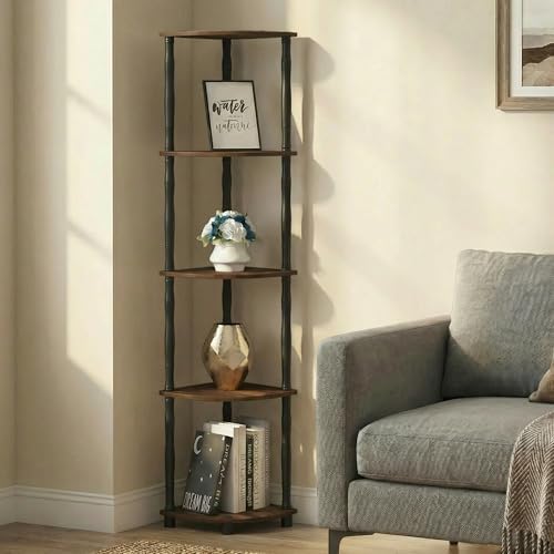 Furinno Turn-N-Tube Storage Shelves, 5-Tier Corner Book Shelf, Standing Corner Shelf, Toolless Open Shelves, Classic Tub