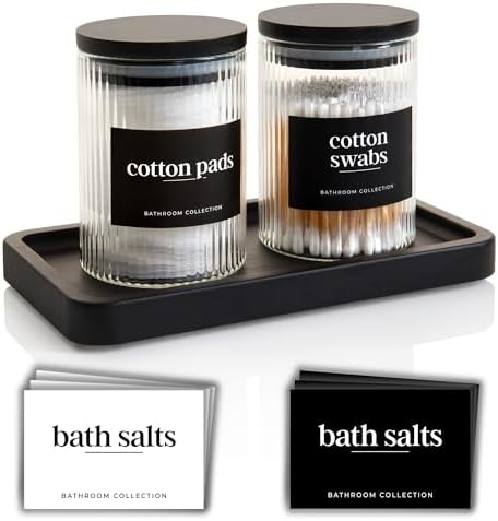 Mason & Fable Ribbed Glass Bathroom Jars & Tray Set | 10 fl oz, Set of 2 Storage Canister with Airtight Black Bamboo Lid