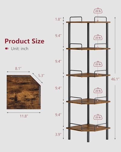 Tajsoon 5 Tier Corner Shelf Stand, Small Corner Table, Rustic Brown
