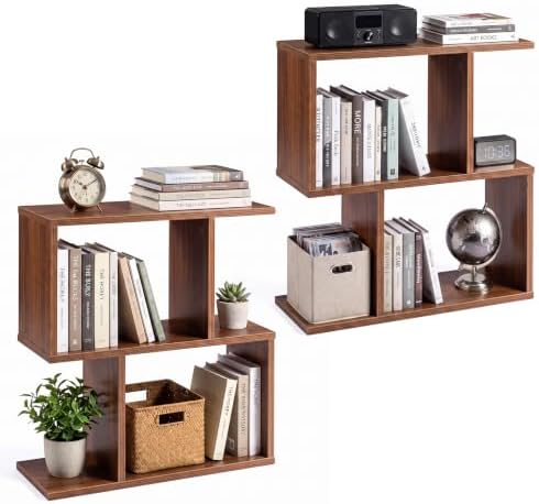 GIANTEX 3-Tier Wood S-Shaped Geometric Bookshelf Set of 2, Walnut
