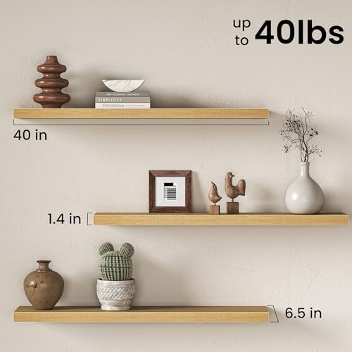 40 Inch Floating Shelves for Wall, Rustic Wood Wall Mounted Deep Storage Shelves with Invisible Brackets, Long Decorativ
