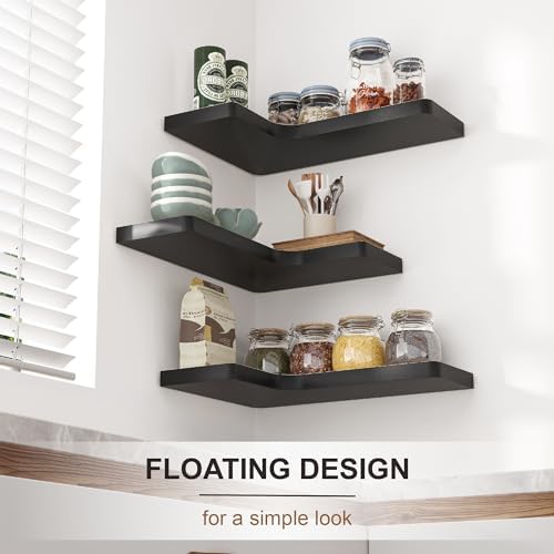 fuqing Corner Floating Shelves for Storage, Set of 3, Solid Wood, Wall Mount Wooden Display Shelf for Bathroom Bedroom K