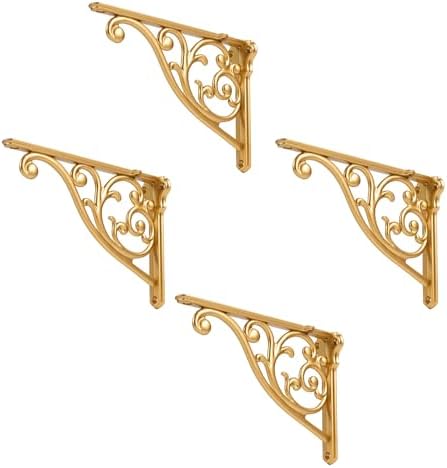 Shelf Brackets 6 Inch 4 Pack Heavy Duty Antique Gold Wall Bracket Victorian Kitchen Decorative Rack Shelves, Shelf Brack