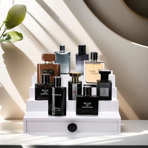 4 Tier White Cologne Organizer, Wooden Display Stand with Drawer Storage