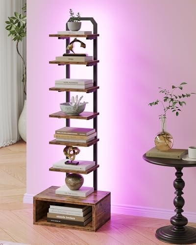 CHOEZON 8-Tier Bookshelf, LED Bookcase with Semi-Open Bottom, Small Space Standing Shelf with Lights, Corner Storage Sta