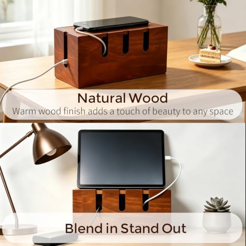 Wooden Cable Management Box, Power Strip Cord Hider with 5 Cable Slots