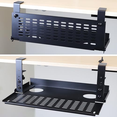 AEONS Universal Under Desk Cable Management Tray-Clamp Mount Hinged Swing Modesty Panel Organizer for Office Desks, Easy