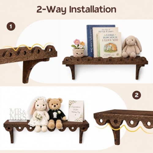 Scalloped Wood Wall Shelves, 17-Inch Wavy Rustic Floating Shelves, Set of 2