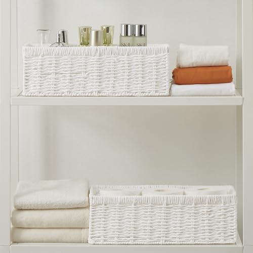 Vagusicc Wicker Storage Basket, Paper Rope Wicker Baskets with Handles, Toilet Paper Basket for Toilet Tank Top, Small Wicke Baskets for Organizing Shelves, 2-Pack, White