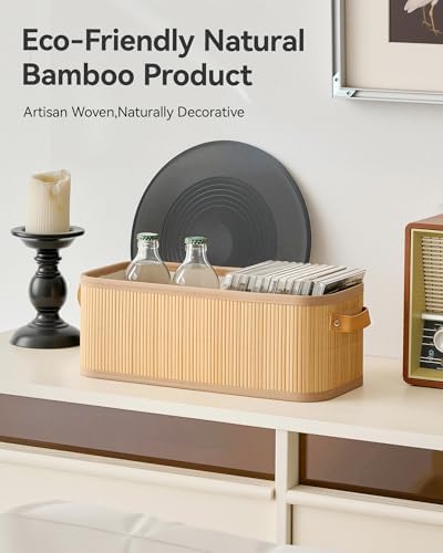 Narrow Storage Bins, Small Basket for Closet and Shelves, Bamboo Toilet Paper Storage Organizer with Handles for Counter