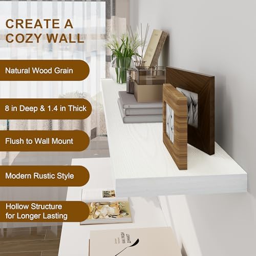 Fun Memories Deep White Floating Shelves, 8 Inch Deep Floating Shelf for Wall, Rustic White Wall Shelves 55 Inch Long, L