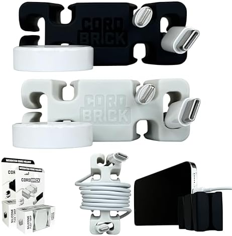 CordBrick 2PK Silicone + Steel Weighted Cord Holders for Nighstand, Cable Wraps for Travel, iPhone Accessories, Small Gr