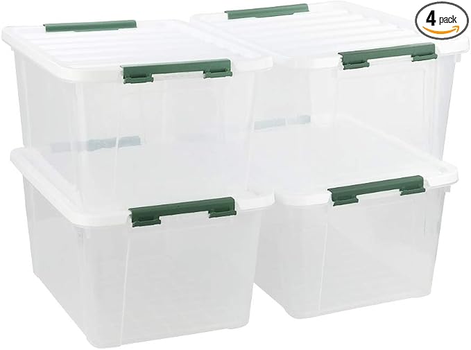 Gloreen 35 Quart Clear Storage Bins with Lid and Handle, Multipurpose Stackable Plastic Storage Latches Box/Containers,set of 4