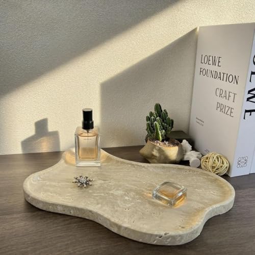 Natural Travertine Vanity Tray, Cloud Shape Decorative Organizer, 13.7x9 inches, Beige Stone Tray for Bathroom Counter, 