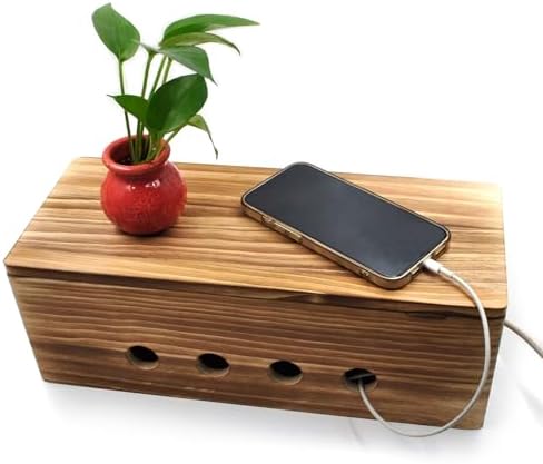 Large Wood Cable Management Box, Vintage Walnut Cord Organizer 14"