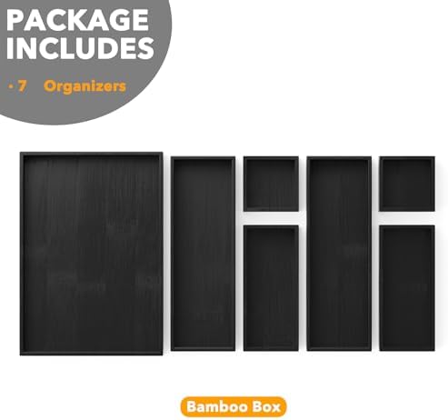 SpaceAid 7-Piece Bamboo Drawer Organizer Storage Boxes Set, Wood Tray Junk Drawer Organizers Multi-Use Divider Bins for Kitchen, Bathroom, Office Desk and Makeup Organization (7 Pack, Black)