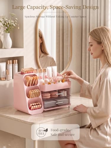 Booklov Large Makeup Organizer for Vanity Countertop, Pink