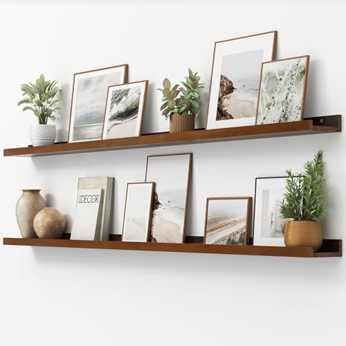 FLYJOE Picture Ledge Shelf, Floating Shelves Set of 2, Solid Pine Wood 72'' Long Large Nursery Book Shelves for Toys Storage, Kids Bookshelf for Living Room Bedroom Decor Books Photo Frames, Walnut