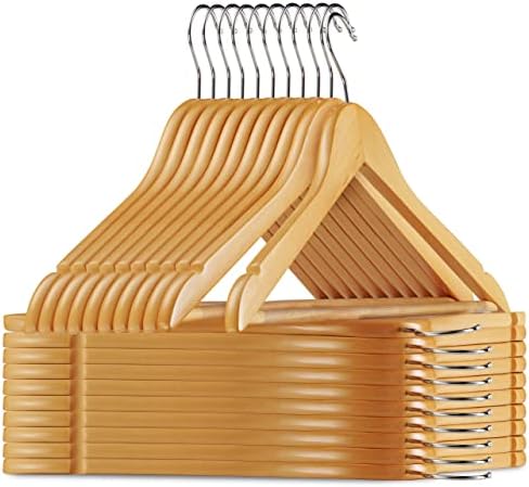 20 Pack Premium Wooden Suit Hangers - Smooth Natural Finish Heavy Duty Wood Coat Hangers - 360 Swivel Hook and Notches Clothes Hangers with Non Slip Pants Bar for Shirt, Jacket, Pant, Dress Hangers