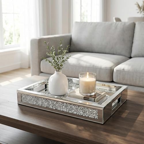 Large Vanity Tray for Perfume Organizer, 15x11 Inch Silver Mirror Tray with Handles, Crushed Diamond Tray for Bathroom C