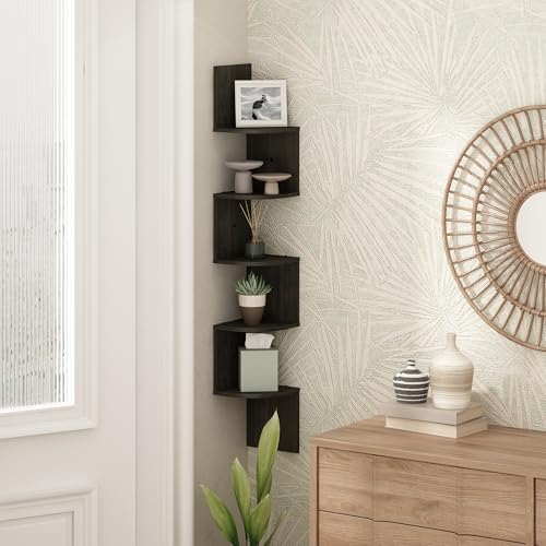 Furinno Rossi 5-Tier Black Floating Corner Shelf for Wall, Corner Zigzag Shelf Wall Mounted, Radial Wall Mount Shelves, 