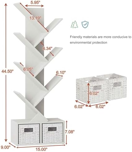 Vagusicc 6 Tier Tree Bookshelf with 2 Storage Cabinets, Tall Display Shelf Organizer for Books, Magazines, Home Decor, N
