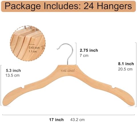 TOPIA HANGER Wooden Hangers for Women, Premium Sweater Hangers No Shoulder Bump, 360° Swivel Hook and Cut Notches Clothes Hangers for Sweater, Coat, Shirts, Hoodies, Dress, 24 Pack Natural CT85N