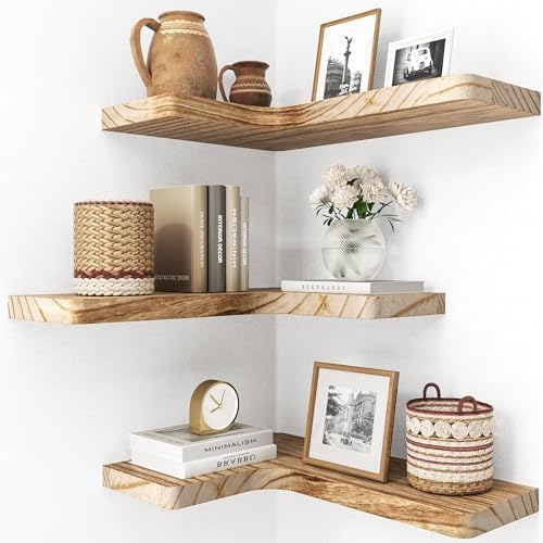 fuqing Floating Corner Shelves, Wall Shelf Set of 3, Shelves for Wall Storage, Solid Wood Shelves for Storage, Wall Moun
